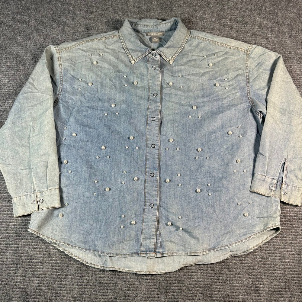 Kate & Mallory Denim Shirt Womens XL Light Blue Excellent Pearl Embellished Snap